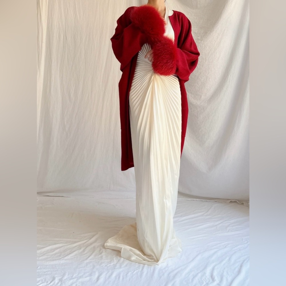 Vintage Red Lily & Taylor Women's Fox Fur Trimmed Trench Coat Wool Sz 16